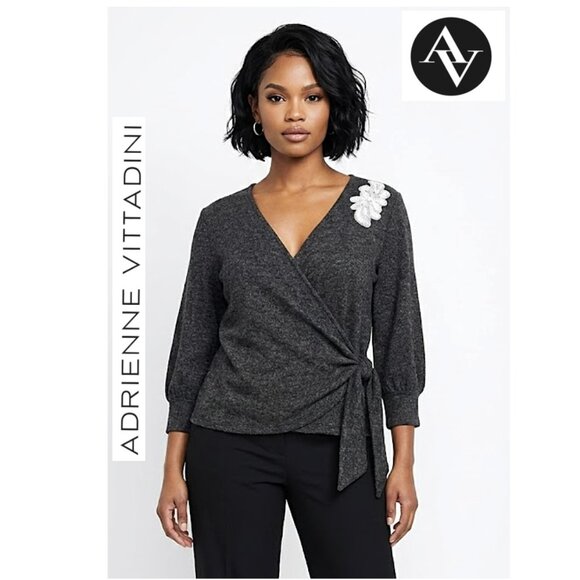 ADRIENNE VITTADINI - Pullover gray wrap sweater with front sequin detail - Picture 1 of 9